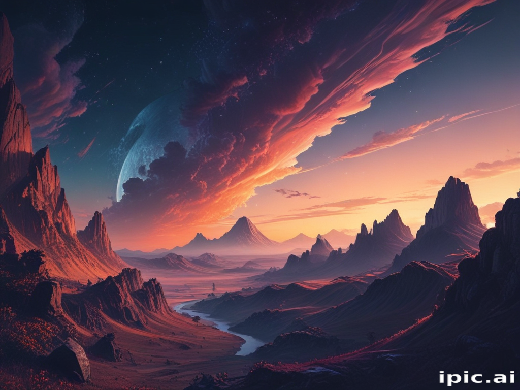 Majestic Alien Landscape with Mountains, River, and Celestial Bodies at ...