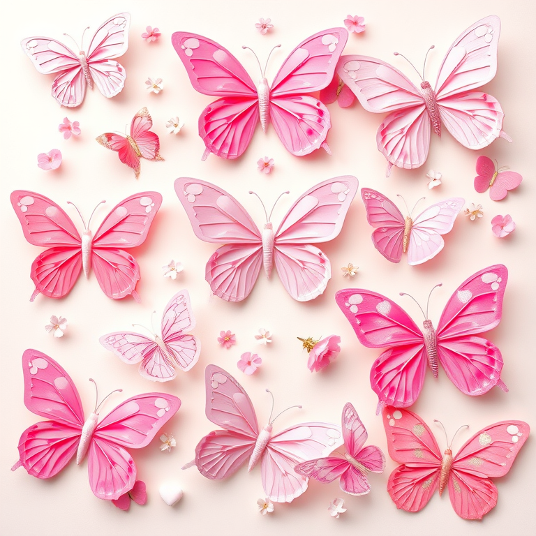 Create an image of a variety of butterflies in shades of pink and pastel colors. Include different species and sizes, with some butterflies featuring heart patterns and delicate floral elements. Arrange them in a whimsical, scattered layout against a light background, incorporating small flowers and hearts for added detail.