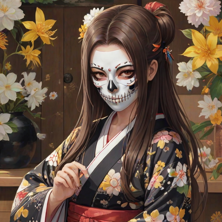 1girl, solo, long hair, looking at viewer, brown hair, brown eyes, yellow eyes, upper body, flower, japanese clothes, kimono, mask, floral print, one eye covered, black kimono, (skull mask)