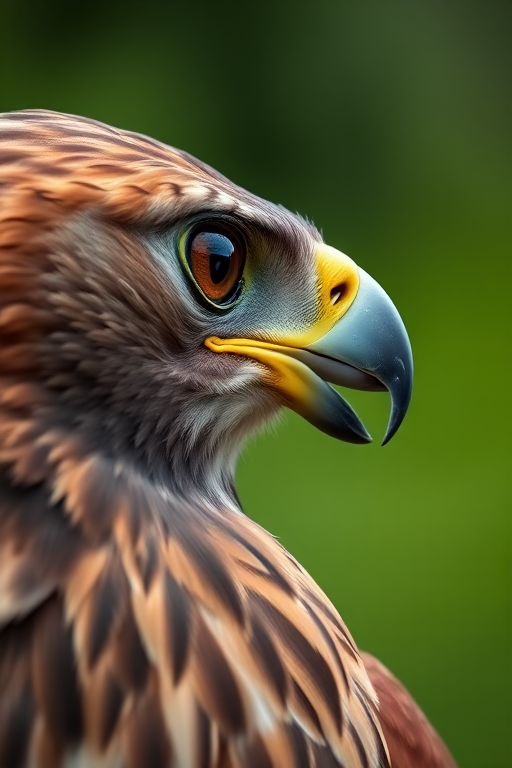 Capture a close-up shot of a hawk with a shallow depth of field, using a Canon EOS R5 with an 85mm f/1.2 lens at ISO 100, f/2.8, and 1/500s, ensuring sharp focus on the eye and a blurred green background for enhanced image quality.