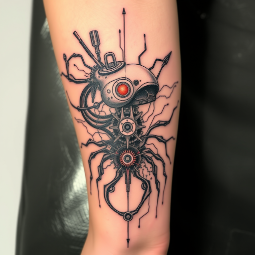 Biomechanical "Cybernetic Fusion" tattoo blending organic forms with mechanical elements, creating the illusion of exposed circuitry and robotic parts beneath the skin
