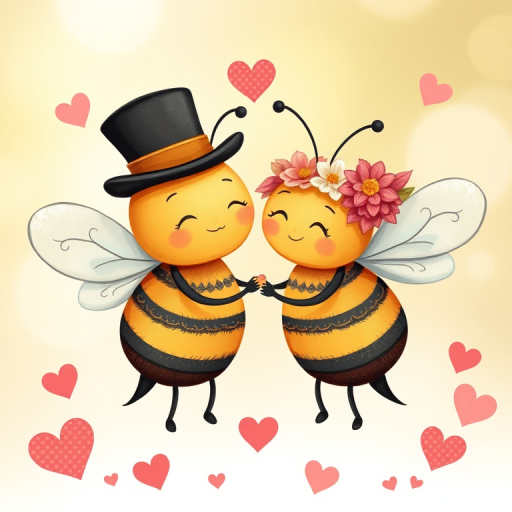 Create a whimsical illustration of two cartoon bees in love, featuring one wearing a top hat and the other adorned with flowers, surrounded by hearts, using a Canon EOS R6, focal length 50mm, aperture f/2.8, ISO 100, shot in soft natural light with a slight bokeh effect.