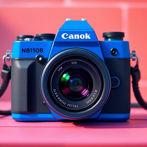 Create a vibrant cartoon-style image of a camera with a blue color scheme, using a 50mm lens at f/1.8, ISO 100, shot from a front view in natural light with a shallow depth of field to enhance details and bright colors.