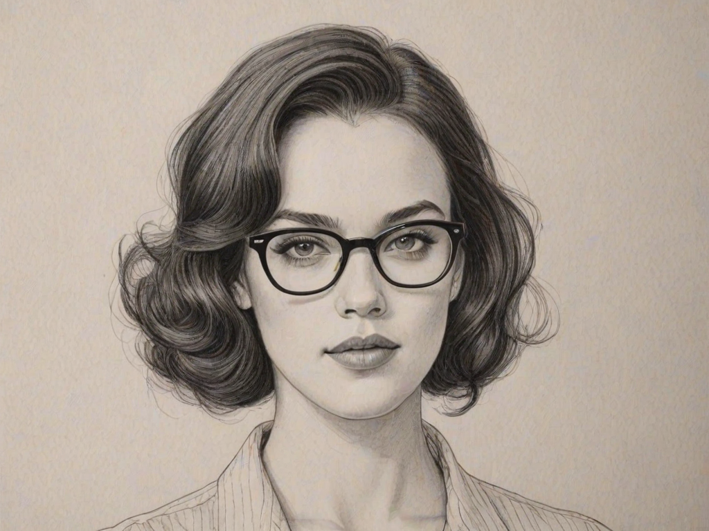 Enticing Jessica Brown Findlay, pencil sketch, portrait of Dazzling woman 1956s in glasses, hair style beatnik, outline, clear lines, fine lines, 8k