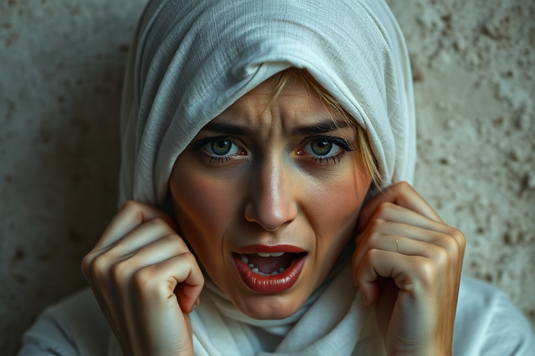 Create a close-up photographic image of a Tajik woman with light skin tones shown against an old, worn wall. Their head is wrapped in a white cloth covering (i.e.... parts of the head except the nose and mouth, which are open as if they are screaming...), with a slight texture and visible folds in the fabric. Thin strands of blonde hair escape from the wrapping above, falling lightly at the top and sides. Their hands hold the fabric as if they are tugging nervously. The lighting is dramatic and even, casting strong shadows. The image has a minimalist and surreal style with an emphasis on simplicity with soft color tones. The composition is centered.