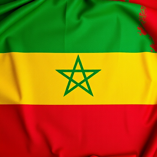 Create an image of the Ethiopian flag with vibrant colors and high detail, using a Canon EOS R5 camera, 50mm lens, f/11 aperture, ISO 100, and a top-down view for enhancing the clarity and vibrancy of the colors.