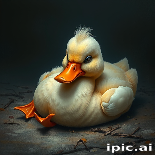Stunning image of a cute adorable tired looking wacky duck laying flat on the ground, no emotions, moody, grainy, noisy, concept art, by Alberto Seveso, Cyril Rolando, Dan Mumford, Meaningful Visual Art, Detailed Painting, Digital Illustration,