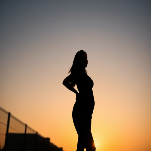 Generate a high-resolution silhouette of a woman standing confidently with one hand on her hip, shot from a low angle using a 50mm lens, aperture set to f/2.8 for a shallow depth of field, in natural light, with a focus on enhancing the contours of the figure, captured with a DSLR camera.
