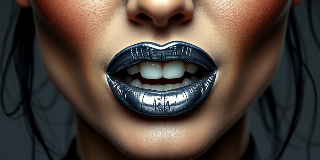 Fierce woman lips adorned with metallic silver lipstick and dark outline, full face image portraying futuristic edge and rebellious spirit
