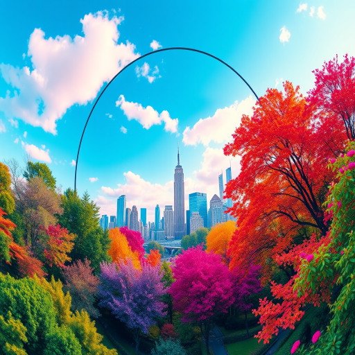 Create a vibrant digital landscape featuring a stylized circular city skyline surrounded by colorful trees and greenery, captured with a high-resolution camera at f/2.8, ISO 100, 1/250s, wide-angle lens, with a bright, saturated color style and soft focus background.