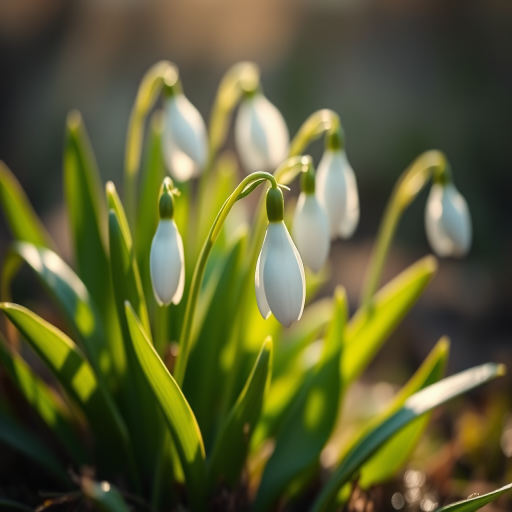 Capture a close-up of snowdrop flowers in early morning light with a shallow depth of field, aperture f/2.8, ISO 100, 50mm lens, natural light photography, DSLR camera, focus on the delicate petals and vibrant green leaves against a softly blurred background.