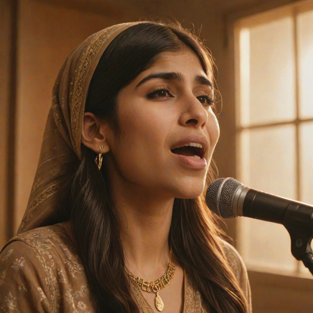 A close-up portrait of a mia khalifa with her eyes closed, singing into a microphone, positioned on the right side of the frame, facing the viewer. She is wearing a brown headscarf, gold earrings, and a brown blouse, and is bathed in warm, golden light emanating from the windows behind her. A blurred figure of a man singing into a microphone is visible in the background. The scene has a sense of calm and spirituality.
