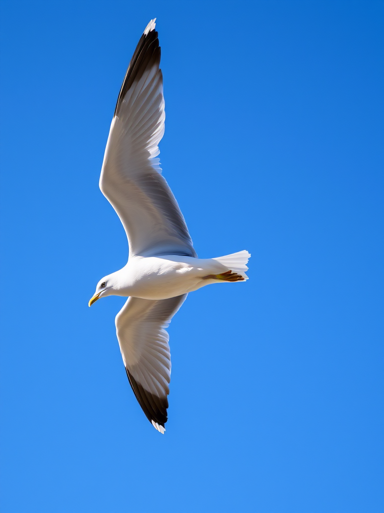 a seagull in mid-flight with wings spread wide against a clear blue sky, taken with a DSLR camera, 200mm lens, f/5.6 aperture, 1/1000s shutter speed, ISO 200, shot from below to emphasize wingspan and details of feathers, vibrant colors and sharp focus.