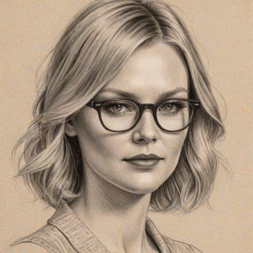Magnificent Kristen Dunst, pencil sketch, portrait of Gorgeous woman 1933s in glasses, hair style beatnik, outline, clear lines, fine lines, 8k