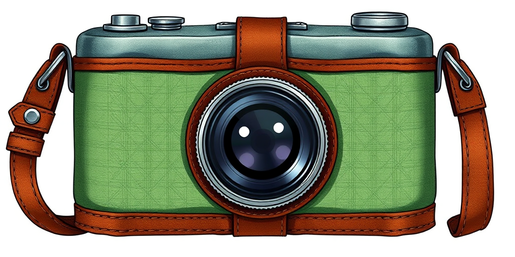 A detailed illustration of a vintage camera bag, with a soft green fabric body and a brown leather strap, featuring a circular camera lens in the center, captured in high resolution, with a 50mm lens, f/2.8 aperture, natural lighting, and a top-down view to highlight the texture and details.