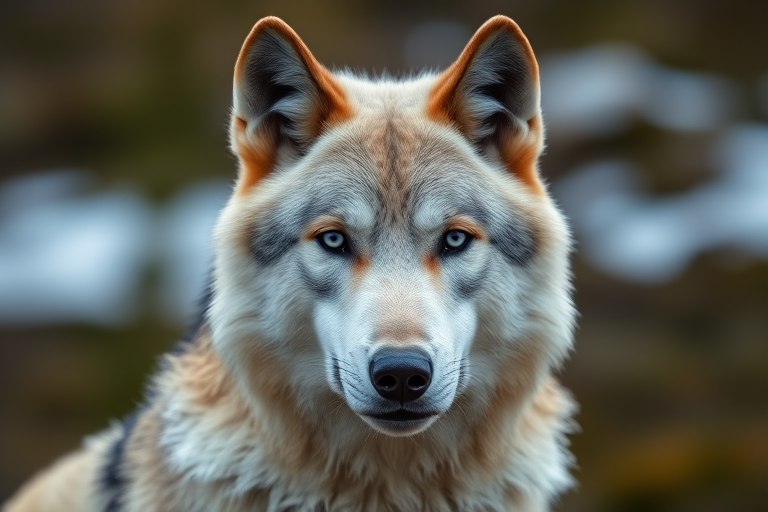 A close-up portrait of an Arctic wolf in a natural setting, with soft focus on the background, using a Canon EOS 5D Mark IV, 85mm lens, aperture f/1.8, ISO 200, natural light for enhanced detail and clarity.