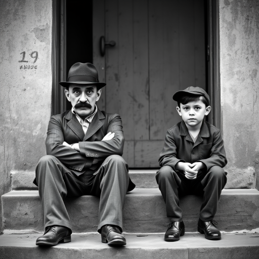 A black-and-white photograph of a man and a child sitting on steps in front of a doorway. The man is dressed as a tramp with a bowler hat, mustache, and ragged clothes, reminiscent of Charlie Chaplin's iconic look. He is sitting with his arms crossed and an expression of slight sadness or frustration. Next to him is a young boy, also in worn clothes and a cap, sitting with his hands clasped, looking thoughtful. The background is an old, textured wall and a partially open door, creating a vintage, early 20th-century atmosphere.