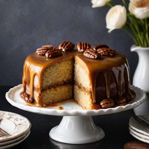 Generate an image of a freshly baked cake with a golden brown exterior, topped with a glossy caramel glaze and sprinkled with whole pecans. The cake should be cut to reveal a moist, fluffy interior, showcasing its rich texture. Display the cake on an elegant white cake stand, with a dark, textured background to enhance the dessert's appeal.