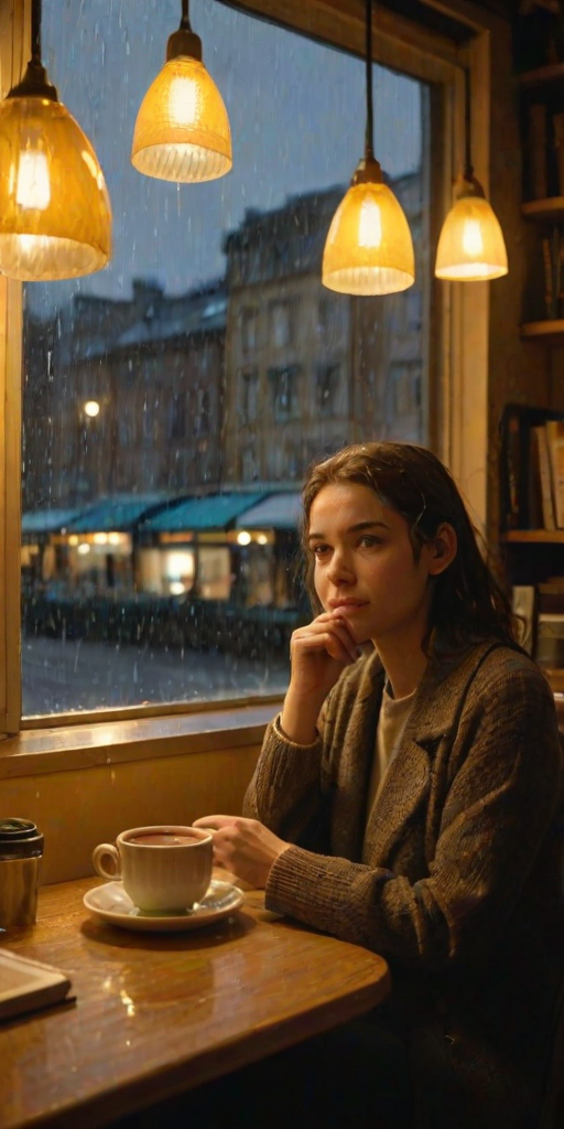 Low-light shot, a woman sitting by a large window in a small cafe, rain tapping on the glass, her hands wrapped around a warm mug, soft yellow lighting from hanging lamps, shelves of books lining the walls, a plate with a half-eaten croissant beside her.