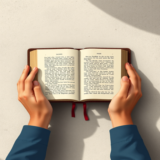 create an illustration of an open book held in two hands, with a textured background, using a DSLR camera with a 50mm lens at f/2.8 aperture, 1/60 shutter speed, natural lighting, top-down view, focus on the book's pages and hands to enhance image quality