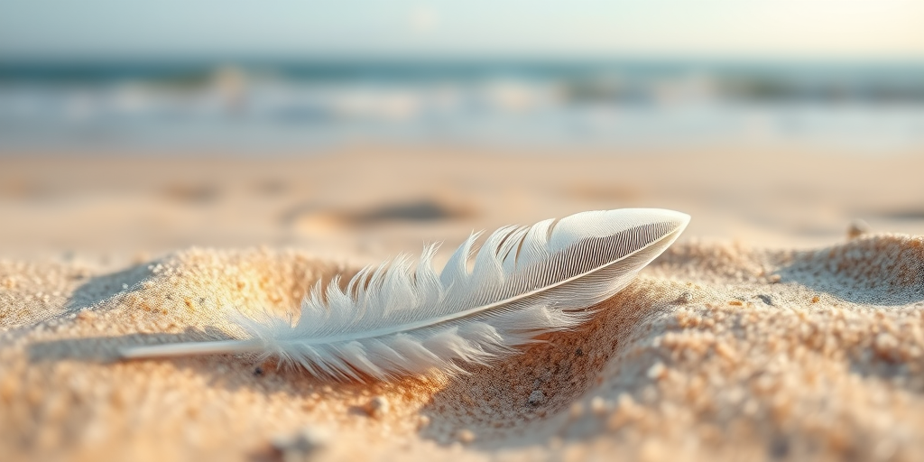 Capture a close-up shot of a delicate white feather nestled in sandy beach textures, with a soft-focus background of gentle waves and a serene sky, using a DSLR camera with a 50mm lens, aperture set to f/2.8 for a shallow depth of field, ISO 100, and a shutter speed of 1/200s for enhanced clarity and detail.