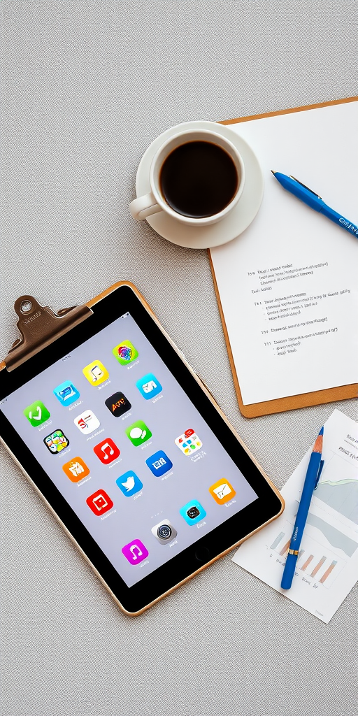 Create a flat lay composition of a tablet displaying colorful apps, a clipboard with a blank notepad, a cup of coffee, a pencil, a blue pen, and a document with graphs and charts, shot with a Canon EOS R5, 50mm lens, f/2.8 aperture, ISO 100, and soft natural lighting.