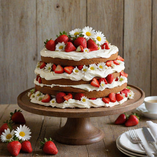 Create an image of a three-layer cake on a rustic cake stand. The cake should be decorated with fresh strawberries and edible flowers, such as daisies. The frosting should look creamy and inviting, with some strawberries peeking out from between the layers. The background should have a soft, pastel color to enhance the cake's appeal. Include a few scattered strawberries and flowers around the base for added charm.