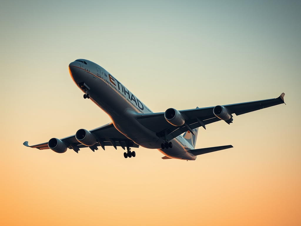 Astonishing view of an Etihad Airways Airbus A380 in flight against a clear sky at sunset, captured with a Canon EOS R5, 24-70mm lens, f/8 aperture, ISO 100, 1/1000s shutter speed, using a wide-angle perspective to enhance depth and detail.