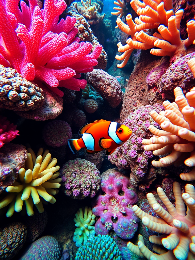 Underwater scene of colorful coral reefs with a clownfish, macro lens, aperture f/2.8, ISO 200, shutter speed 1/125 sec, wide-angle view, DSLR camera, vibrant colors and high detail.