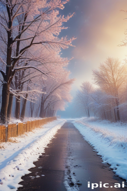 A Serene Winter Landscape with Frosty Trees and a Snow-Covered Pathway.