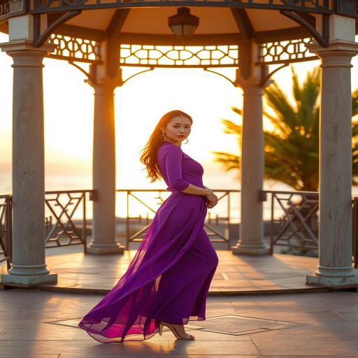 capture a stylish model in a flowing purple outfit standing gracefully under a gazebo by the sea during golden hour, use a Canon EOS R5, 50mm lens, f/1.8 aperture, ISO 100, shutter speed 1/200s, soft focus background for depth, vibrant color saturation.