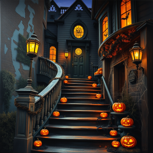 airbrushed oil painting, halloween theme, a haunted house, stairs, highly decorated, illuminated, lanterns, jack o'lantern, bats, webcobs