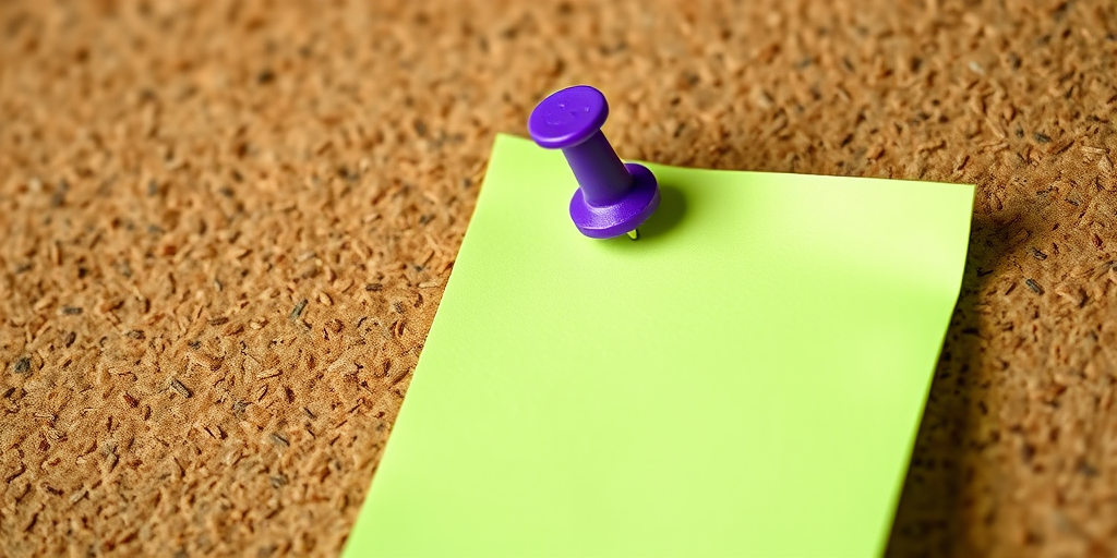 Create a vibrant green sticky note with a purple thumbtack on a corkboard background, using a Canon EOS 5D Mark IV with a 50mm lens, aperture f/2.8, ISO 100, and a shallow depth of field for a soft background blur.