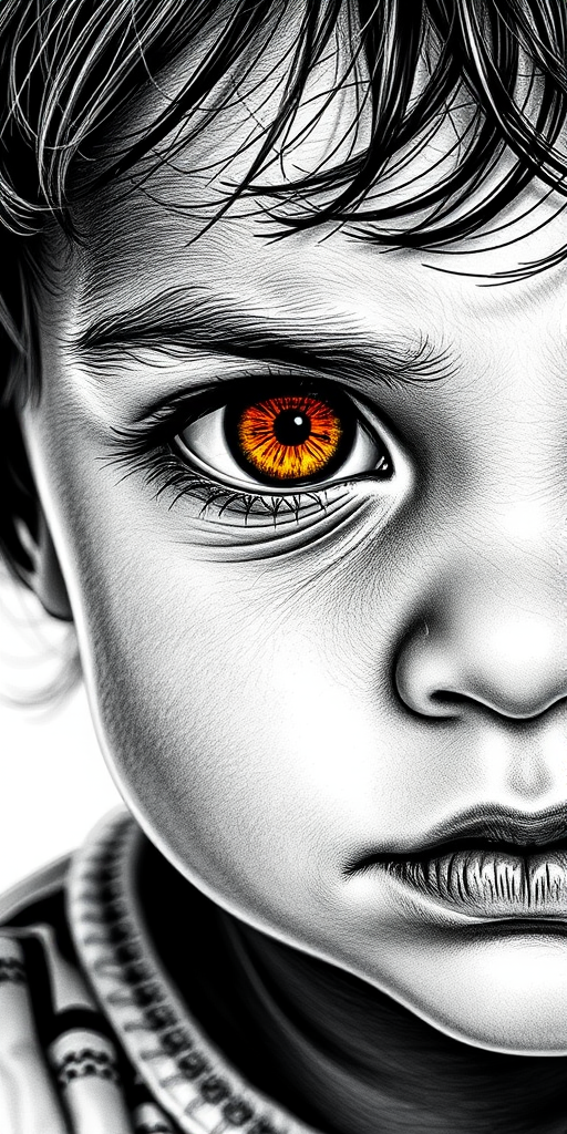 A hyperdetailed photorealistic black and white sketch of a beautiful toddler with deep orange eyes, with a macro focus