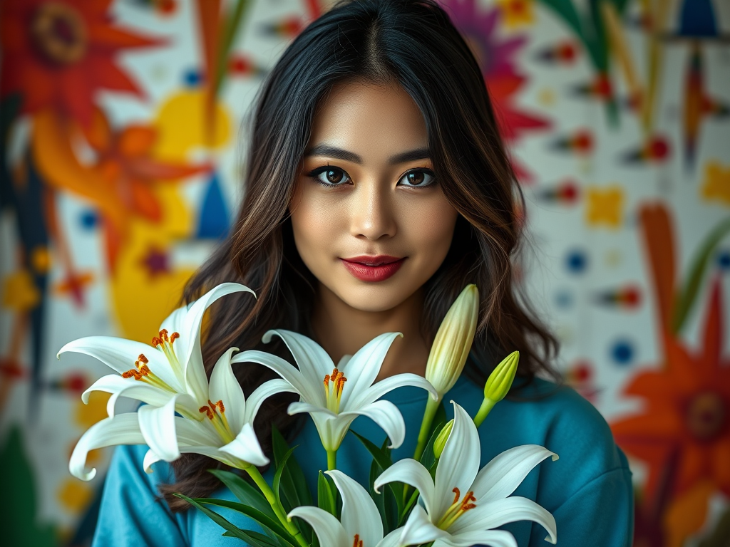 Generate a vibrant portrait of a woman holding white lilies with colorful abstract elements in the background, shot with a Canon EOS R, 50mm lens, aperture f/1.8, ISO 100, natural lighting, and a shallow depth of field to enhance details and colors.