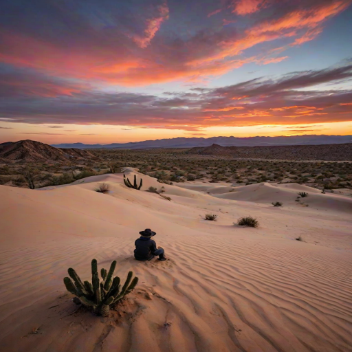 Dramatic sunset over a desert landscape, with cacti silhouetted against the colorful sky, and a lone traveler sitting on a sand dune, capturing the moment with a camera.
