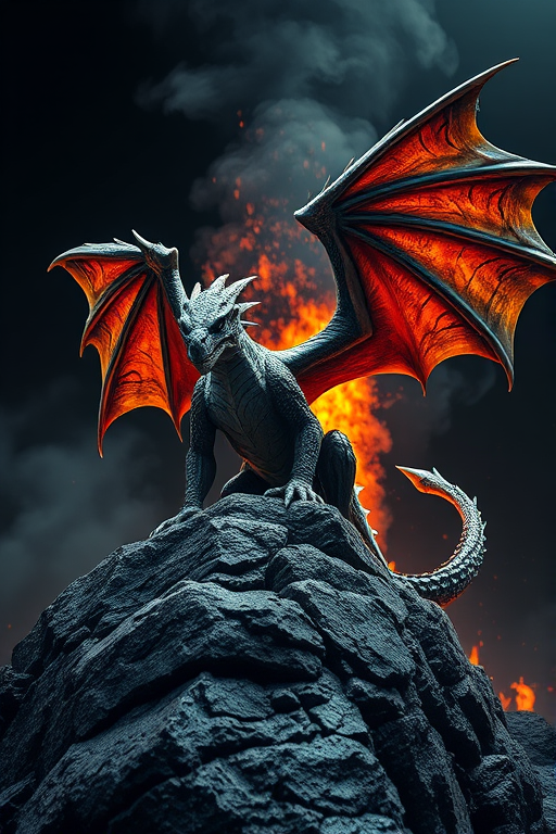 Create a high-resolution image of a majestic dragon perched on a rocky outcrop, wings spread wide, with flames and smoke behind it, captured with a DSLR camera at 50mm, f/1.8 aperture, ISO 100, and a low angle view in dramatic lighting to enhance the details and textures.