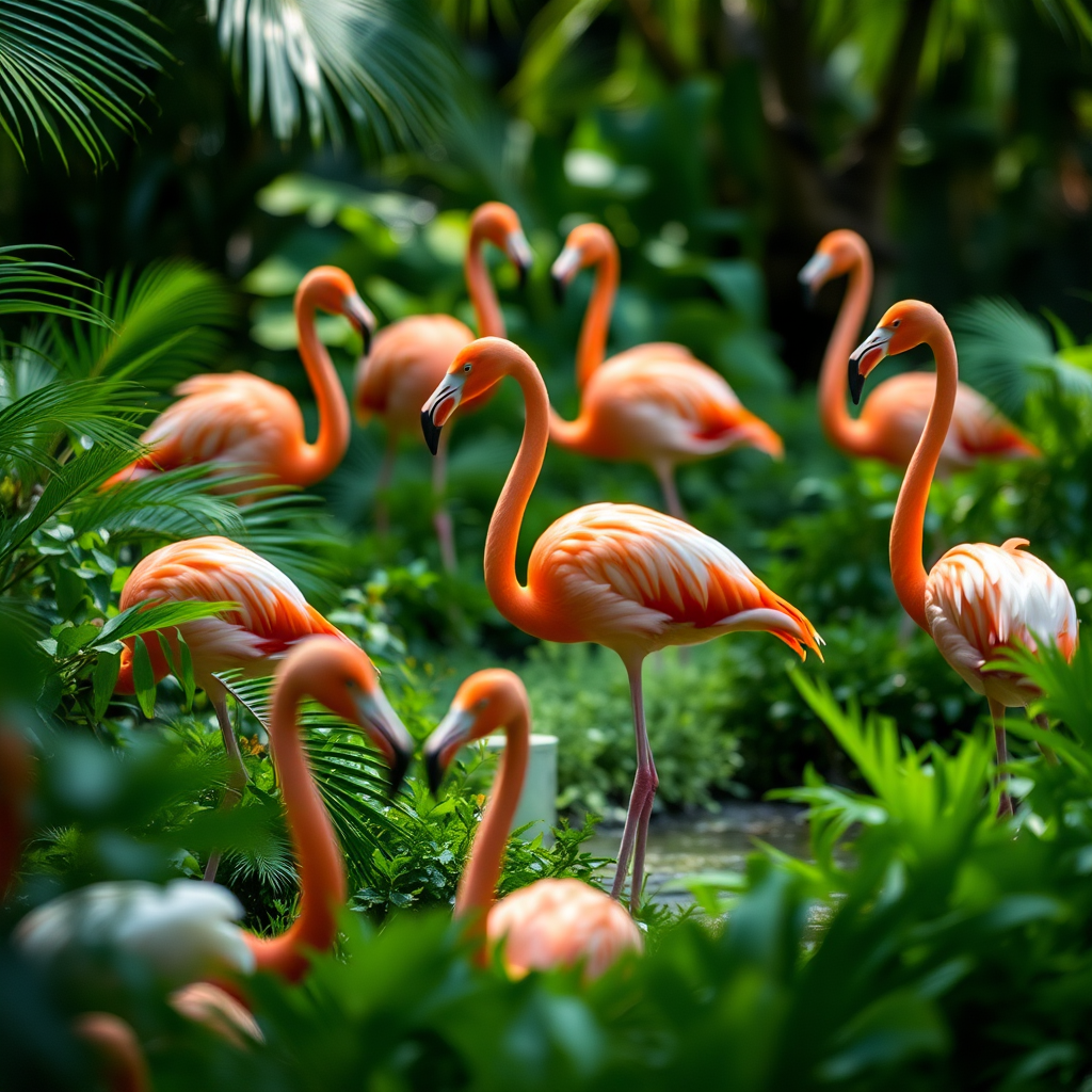 flamingos in a lush green environment, shallow depth of field, aperture f/2.8, ISO 200, shutter speed 1/500s, Canon EOS 5D Mark IV, 85mm lens, soft natural lighting, vibrant colors