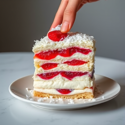 A layered dessert with bright red fruit filling between creamy white layers garnished with shredded coconut served on a plate with a hand lifting a piece showcasing the textures and colors against a light background