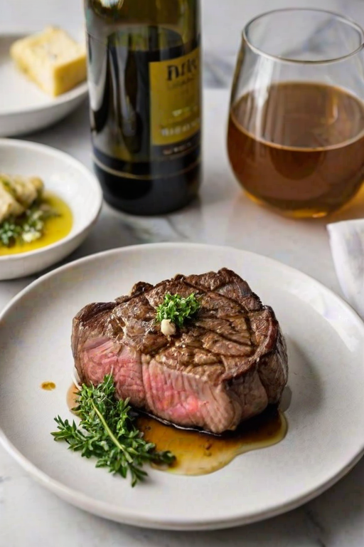 Create an image of a perfectly seared ribeye steak, resting on a white plate with a pat of melting butter on top. The steak is seasoned with fresh herbs like thyme and parsley, with glistening juices highlighting the texture of the meat. The background features a soft focus on a light, marble countertop, with a small dish of butter and an olive oil bottle in the distance. The overall mood should be warm and inviting, capturing the deliciousness and juiciness of the steak.