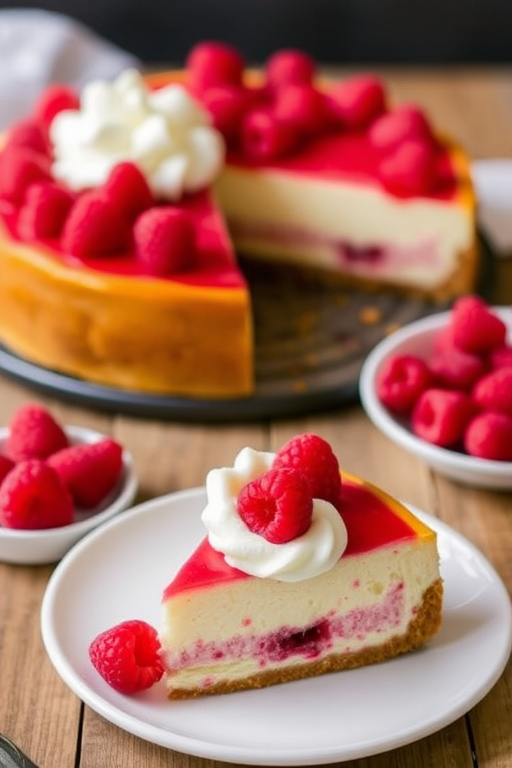 Delicious raspberry cheesecake with a creamy texture topped with whipped cream and fresh raspberries on a wooden table alongside a slice of the cake and a plate of raspberries.