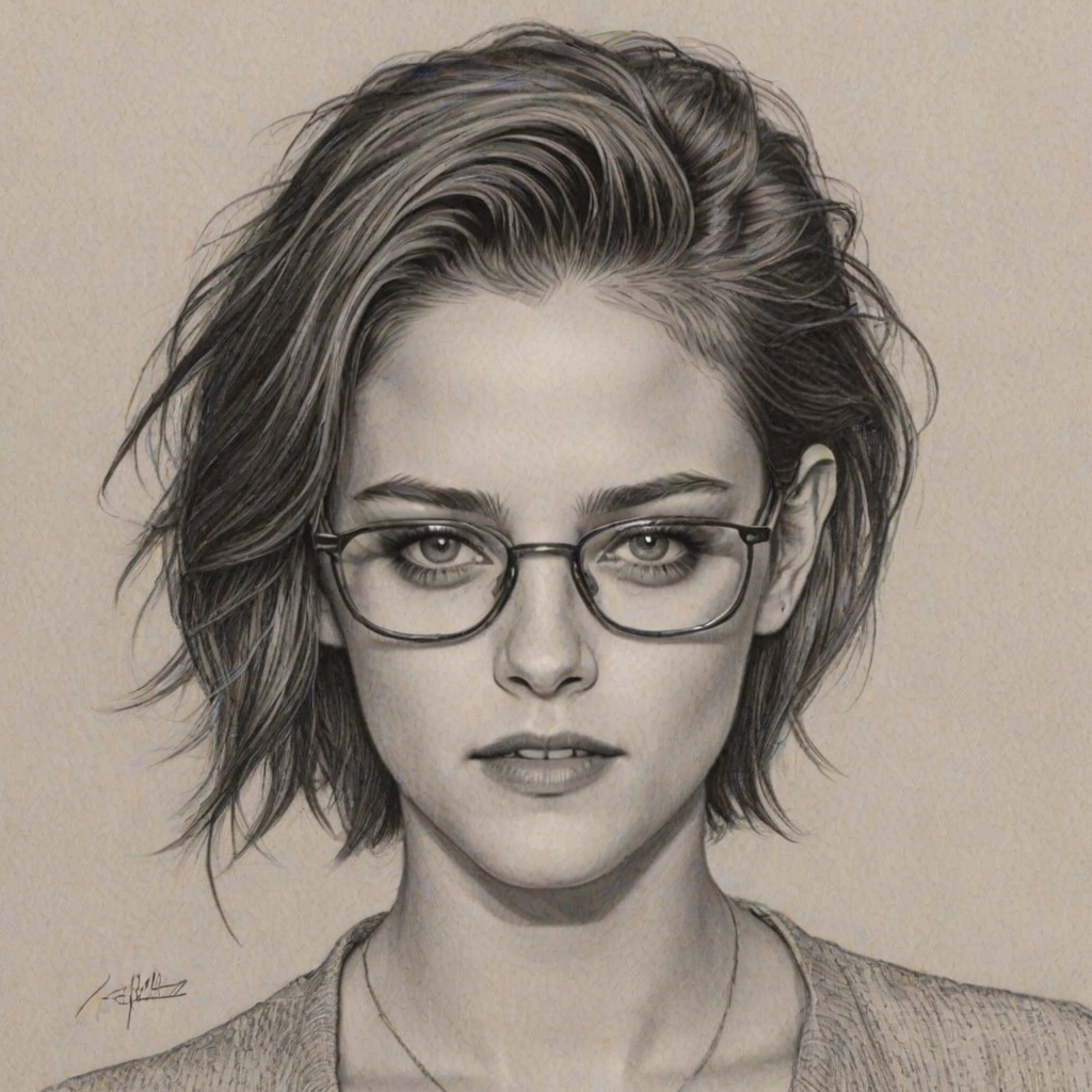 Gorgeous Kristen Stewart, pencil sketch, portrait of Graceful woman 1961s in glasses, hair style beatnik, outline, clear lines, fine lines, 8k