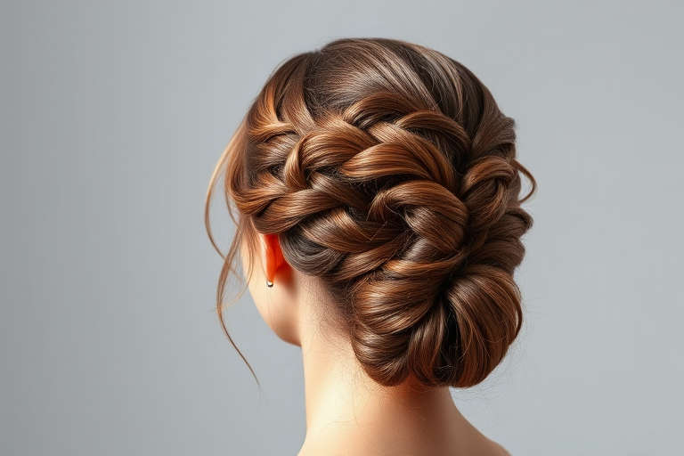 Regenerate an illustration of a woman's hairstyle, showcasing a detailed braided updo from a rear view, using a Canon EOS R5 camera, aperture of f/2.8, shutter speed of 1/125s, ISO 100, natural soft lighting, and a minimalistic gray background for enhanced image quality.