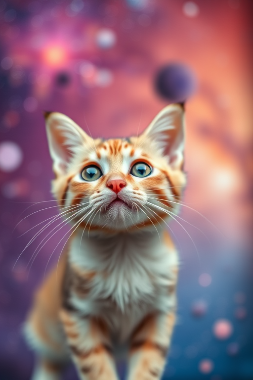 Create a high-resolution image of a whimsical cat in a cosmic background, using a DSLR camera with a 50mm lens, aperture set to f/1.8, shutter speed 1/200s, ISO 100, shot from a low angle with vibrant colors and sharp details.