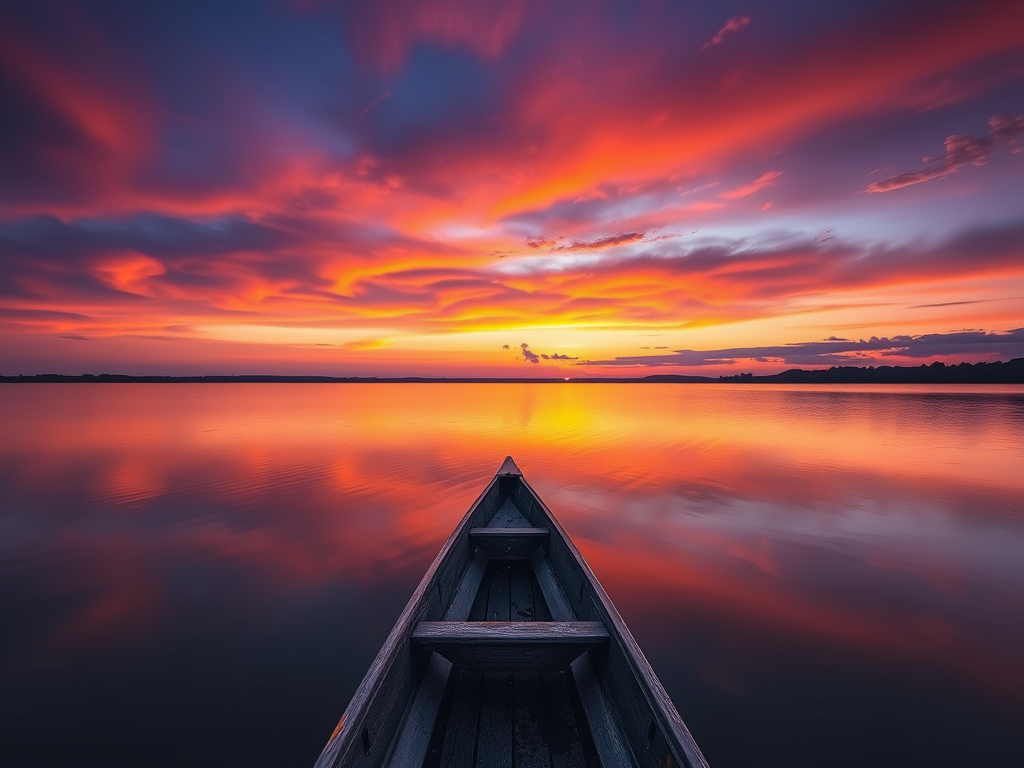 Capture a serene sunset over a calm lake with a single wooden boat in the foreground, enhancing the vibrant orange and purple hues in the sky, using a DSLR camera at f/8 aperture, ISO 200, 1/250 sec shutter speed, with a wide-angle lens, shot during the golden hour for soft lighting and rich colors.