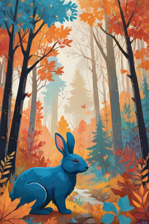 a whimsical forest scene featuring a large blue rabbit in the foreground, colorful autumn leaves on the trees, a mysterious silhouette of a bear in the background, and stylized plants scattered throughout the landscape