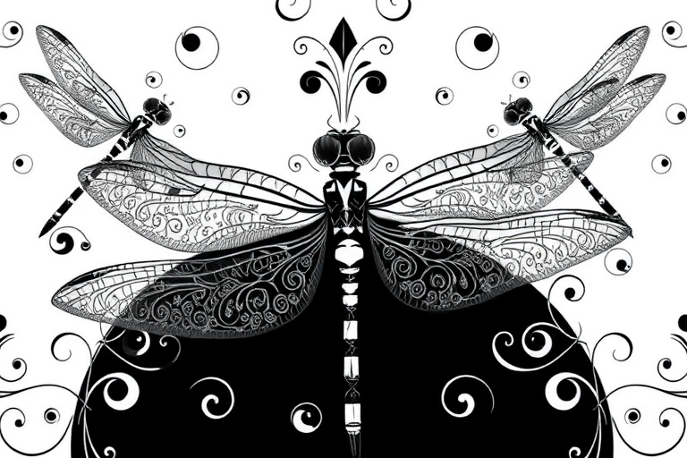 Create a high-resolution black and white pattern featuring intricately designed dragonflies with detailed swirls and floral motifs, shot with a macro lens at f/2.8, ISO 100, and a shutter speed of 1/250s, using a DSLR camera for sharpness and clarity.