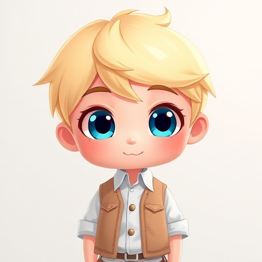 Create a high-resolution cartoon character illustration of a blond chibi figure with large blue eyes, wearing a white shirt and a beige vest, in a minimalistic background, using a Canon EOS R5 with a 50mm f/1.2 lens, soft focus, and vibrant colors.