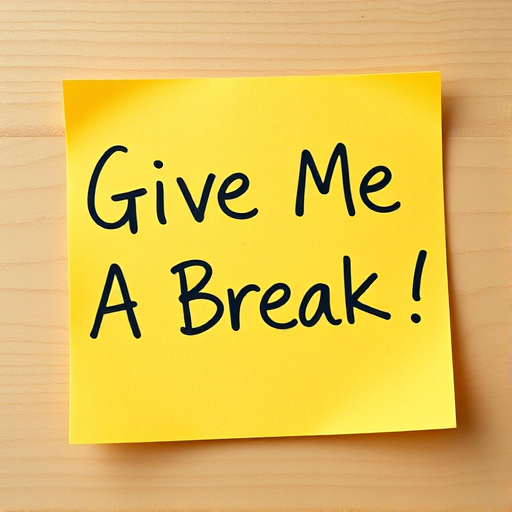 Generate an image of a yellow sticky note with handwritten text that says "Give Me A Break!" using a DSLR camera at f/2.8 aperture, ISO 100, and 50mm lens in natural light for enhanced clarity and sharpness.