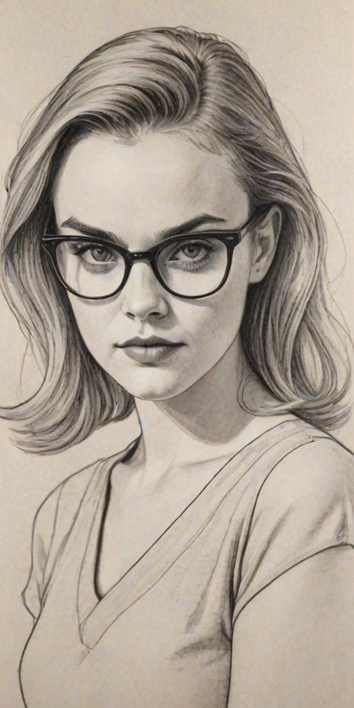 Appealing Madeline Brewer, pencil sketch, portrait of Fetching woman 1961s in glasses, hair style beatnik, outline, clear lines, fine lines, 8k